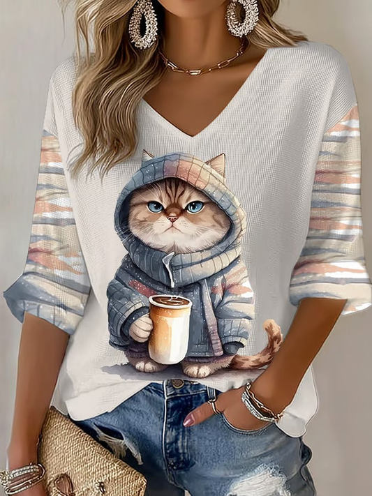 T-shirt à gaufre imprimé chat pour femme