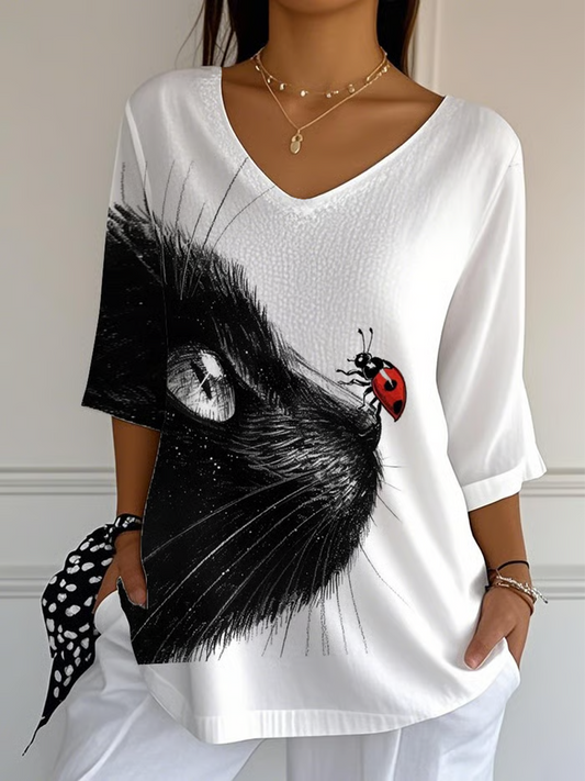 T-shirt imprimé à demi-manches pour femmes Cat