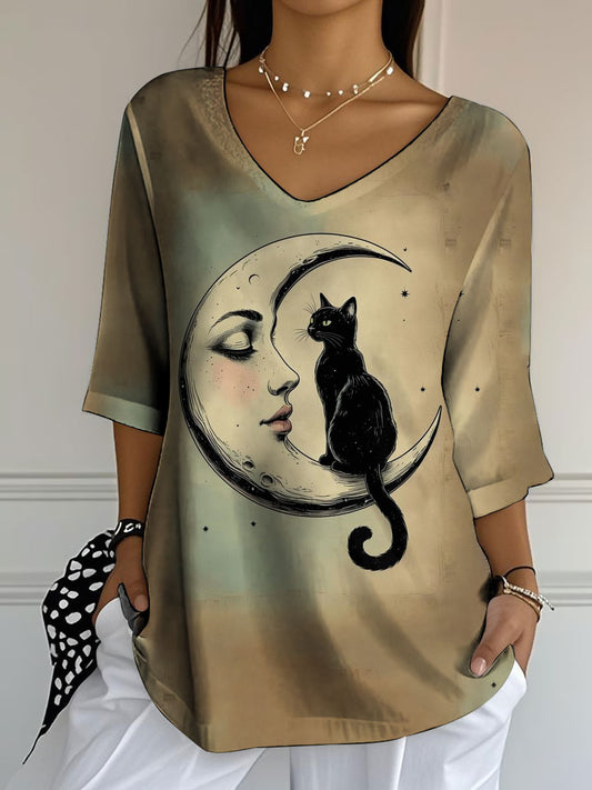 T-shirt imprimé à demi-manches pour femmes Cat