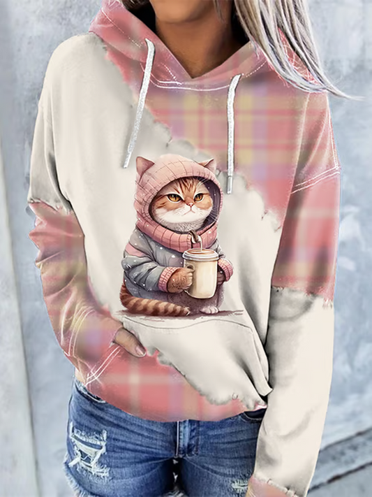 Sweat à capuche imprimé chat femme