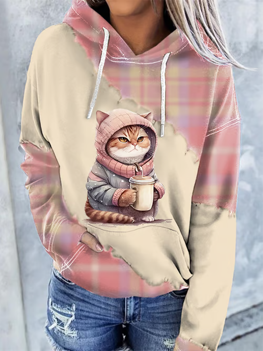 Sweat à capuche imprimé chat femme