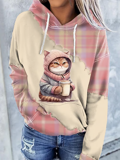 Sweat à capuche imprimé chat femme