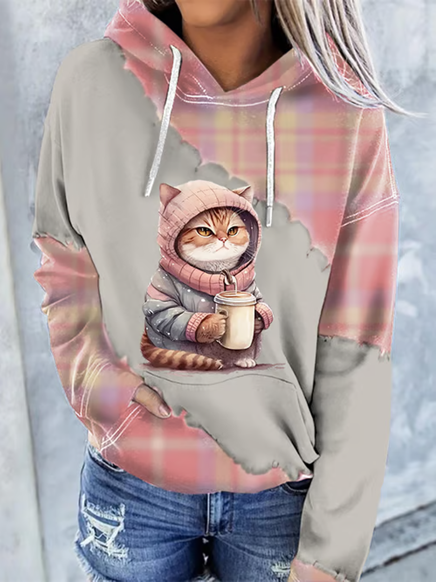 Sweat à capuche imprimé chat femme