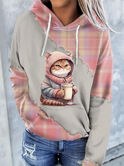 Sweat à capuche imprimé chat femme