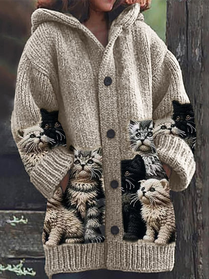 Rétro Mignon Pet Imprimer Bouton Épais À Manches Longues À Capuche Cardigan Pull