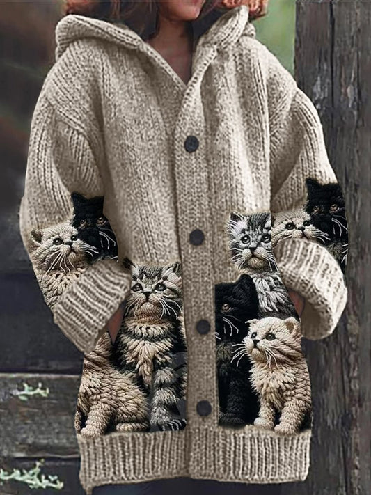 Rétro Mignon Pet Imprimer Bouton Épais À Manches Longues À Capuche Cardigan Pull