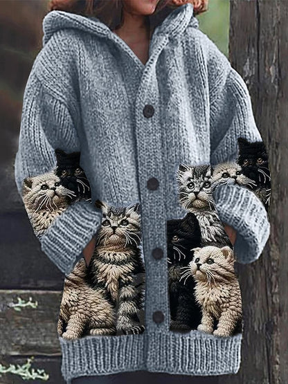 Rétro Mignon Pet Imprimer Bouton Épais À Manches Longues À Capuche Cardigan Pull