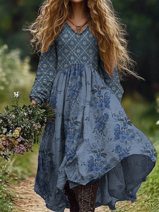 Rétro Boho Floral Art Print Vintage Chic col en V à manches longues Midi Dress