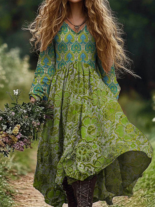 Rétro Boho Floral Art Print Vintage Chic col en V à manches longues Midi Dress