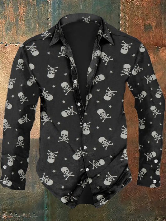 Chemise à manches longues à revers de mode casual à imprimé crâne rétro pour hommes
