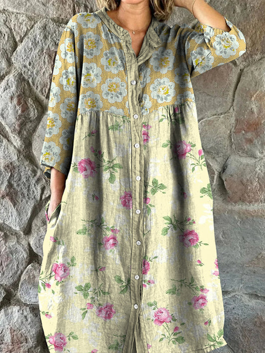 Rétro Boho Floral Art Print Vintage Chic col en V Boutonné à manches longues Midi Dress
