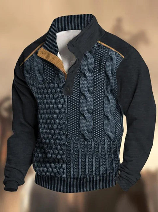 Motif de texture rétro imprimé western vintage henry bouton v-cou en plein air épais sweat