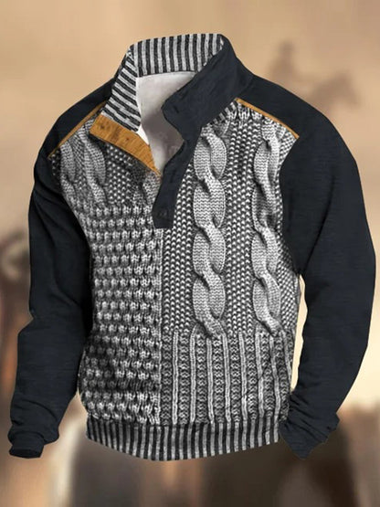 Motif de texture rétro imprimé western vintage henry bouton v-cou en plein air épais sweat
