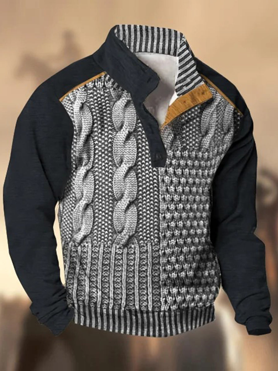 Motif de texture rétro imprimé western vintage henry bouton v-cou en plein air épais sweat