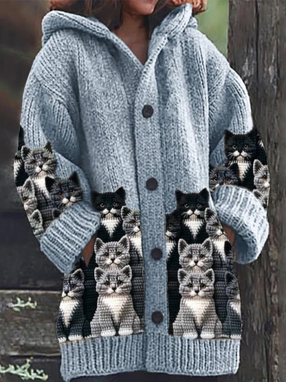 Rétro Mignon Pet Imprimer Bouton Épais À Manches Longues À Capuche Cardigan Pull