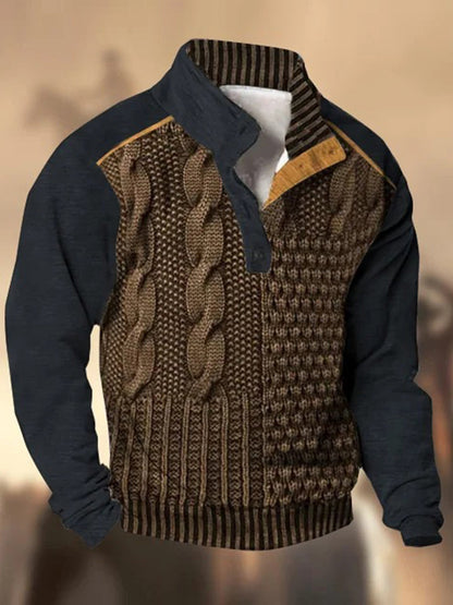 Motif de texture rétro imprimé western vintage henry bouton v-cou en plein air épais sweat