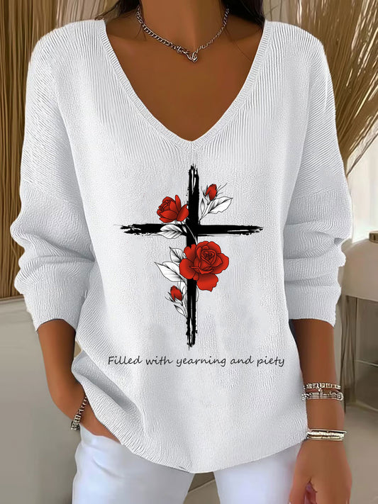 Top décontracté à col en V Vintage Floral Art pour femmes