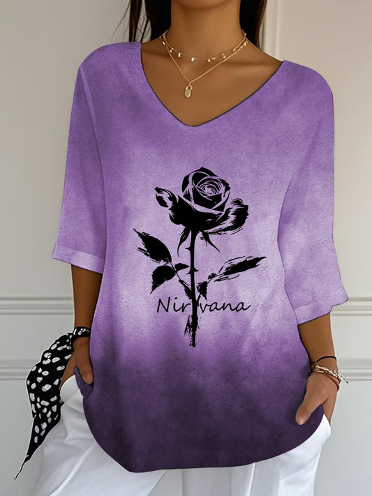 Top décontracté à col en V Vintage Floral Art pour femmes