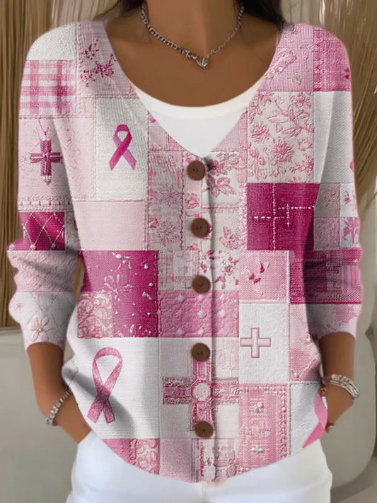 Cardigan Décontracté Femme Rose Ruban Imprimé Sensibilisation au Cancer du Sein