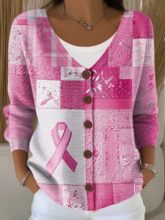 Cardigan Décontracté Femme Rose Ruban Imprimé Sensibilisation au Cancer du Sein