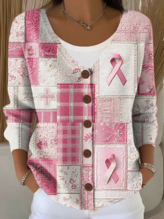 Cardigan Décontracté Femme Rose Ruban Imprimé Sensibilisation au Cancer du Sein
