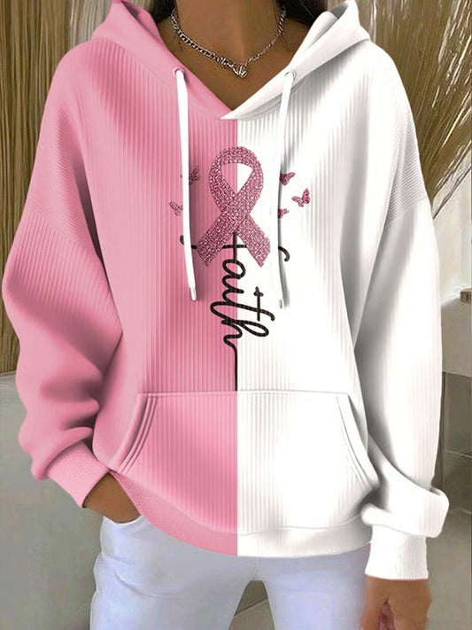 Sweat à Capuche Décontracté Femme Rose Ruban Imprimé Sensibilisation au Cancer du Sein