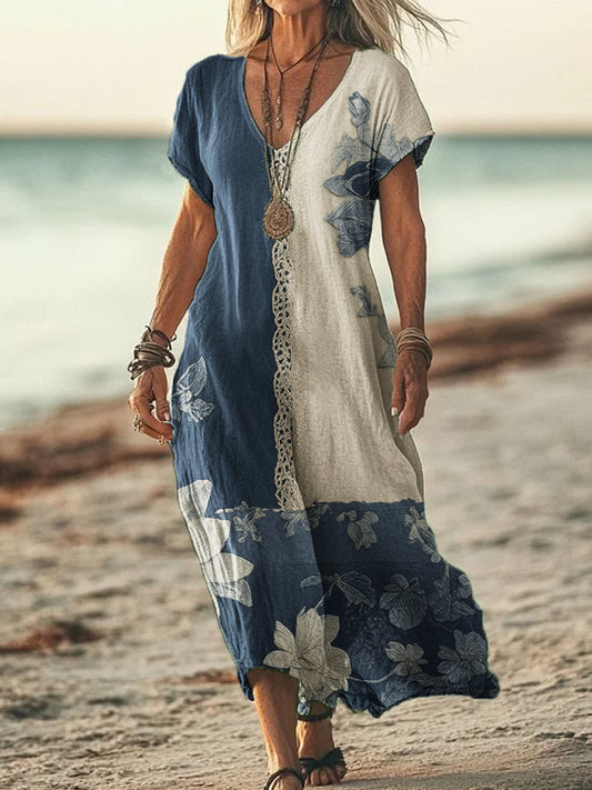 Vintage Floral dentelle fibre Art Denim patchwork robe qui coule des femmes