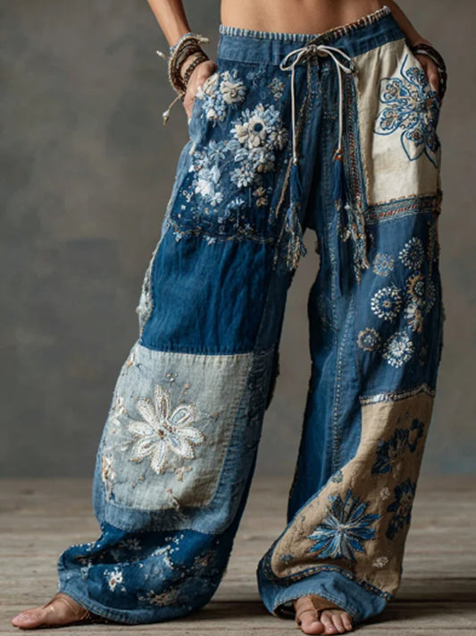 Femmes Bohème Floral Dentelle Brodée Denim Patchwork Flowy Lin Pantalon À Jambes Larges