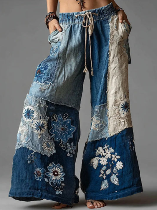 Femme Bohème Floral Dentelle Fibre Art Denim Patchwork Flowy Pantalon à jambes larges