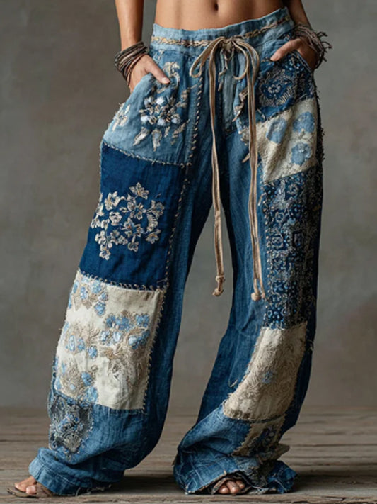 Femmes Bohème Floral Dentelle Brodée Denim Patchwork Flowy Lin Pantalon À Jambes Larges