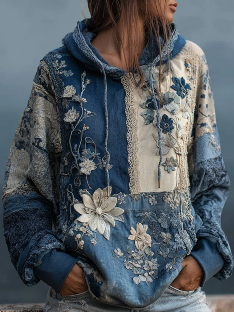 Vintage Floral Lace Fiber Art Denim Patchwork Hoodie des femmes