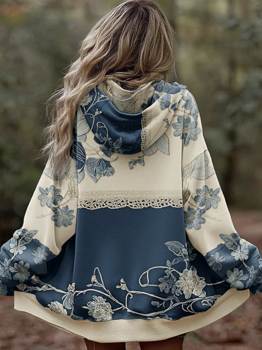 Les femmes Vintage Floral dentelle fibre Art Denim Patchwork Zipper surdimensionné Hoodie Jacket