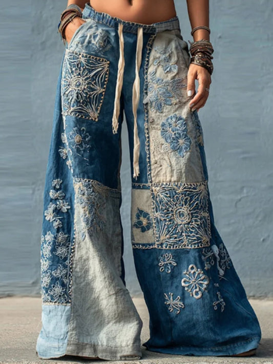 Femme Bohème Floral Dentelle Fibre Art Denim Patchwork Flowy Pantalon à jambes larges