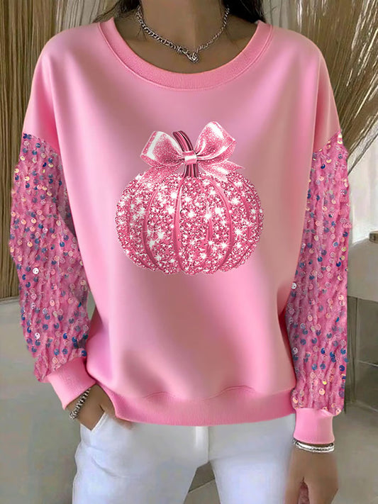 Sweatshirt Décontracté Femme Rose Citrouille Imprimée