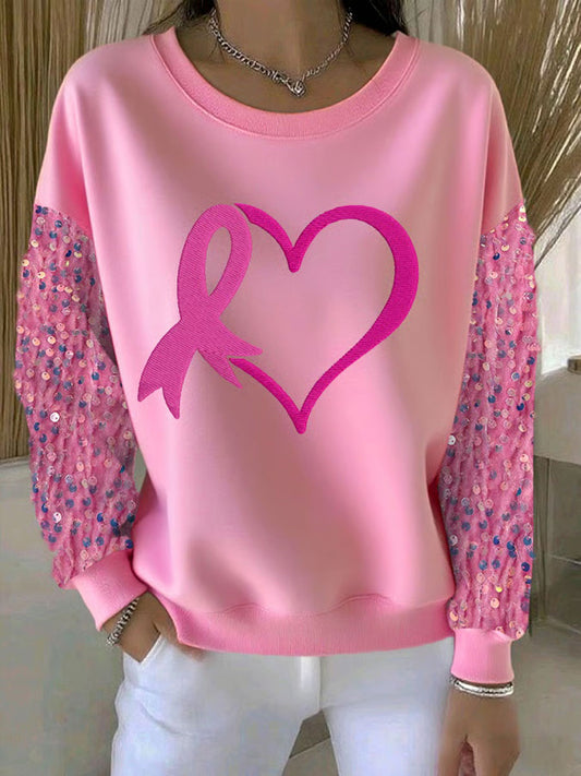 Sweat-shirt Décontracté Imprimé Ruban Rose Pour Femme
