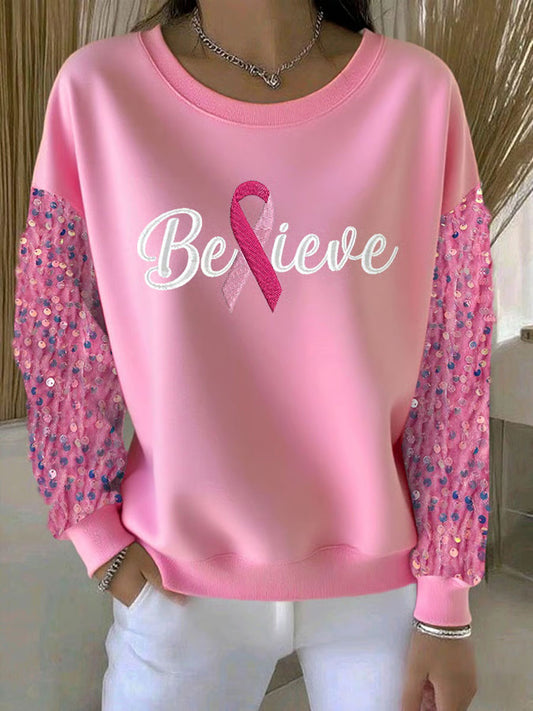 Sweat-shirt Décontracté Imprimé Ruban Rose Pour Femme