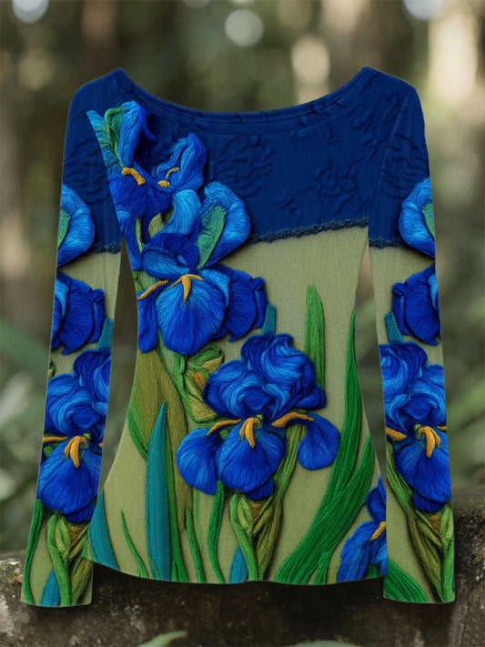 Iris des femmes de couleur contrastée brodé col rond à manches longues Top