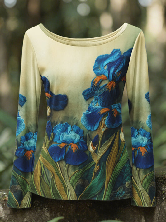 Iris des femmes de couleur contrastée brodé col rond à manches longues Top