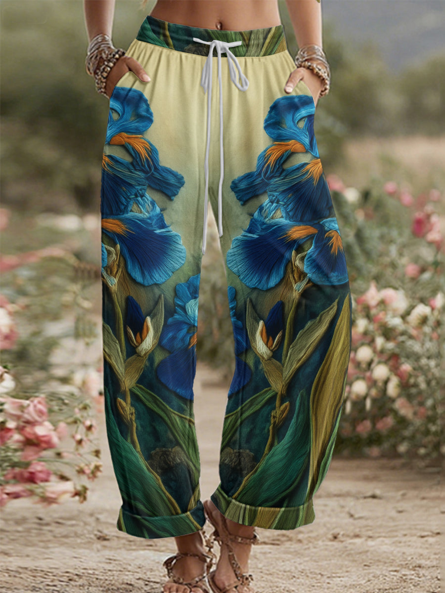 Pantalon décontracté à contraste brodé Iris pour femme