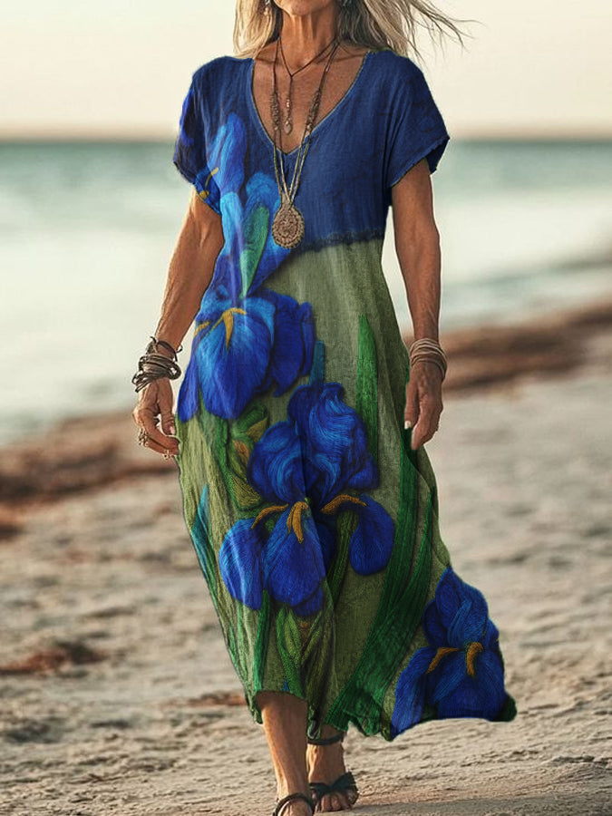 Iris broderie contraste couleur v-cou manches courtes qui coule robe des femmes