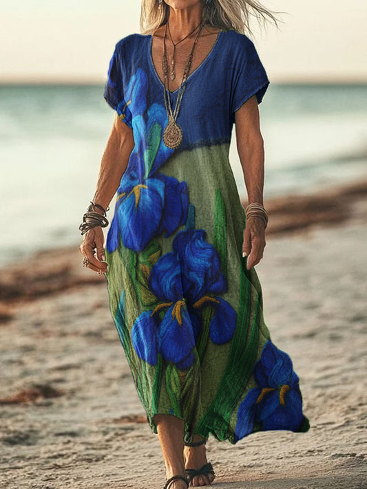 Iris broderie contraste couleur v-cou manches courtes qui coule robe des femmes
