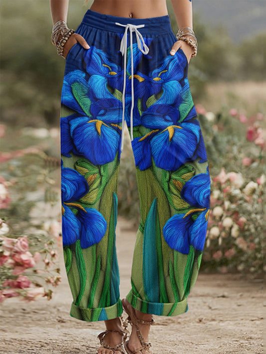 Pantalon décontracté à contraste brodé Iris pour femme