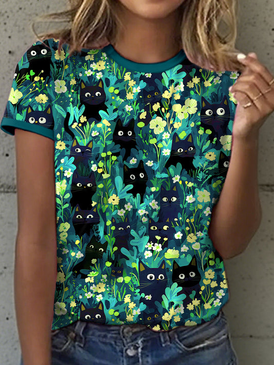 Tee-shirt Femme Noir Cat Art Print