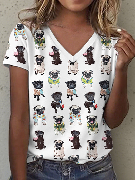 Mignon Pug Imprimer V-Neck T-Shirt des femmes