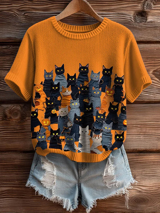Haut à manches courtes en tricot confortable imprimé animal artistique pour femme