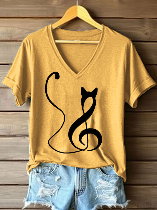 T-shirt imprimé à col en V imprimé chat Music Note pour femme
