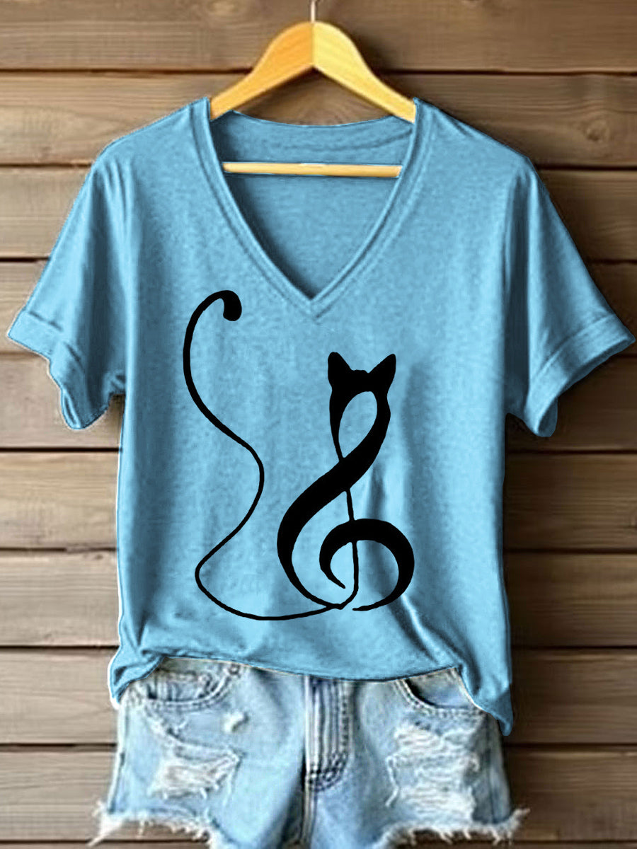 T-shirt imprimé à col en V imprimé chat Music Note pour femme