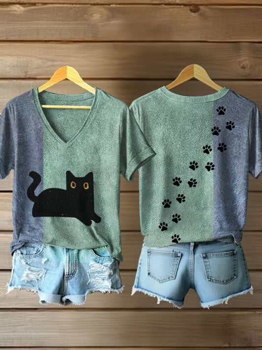 T-shirts col V imprimé chat noir femme