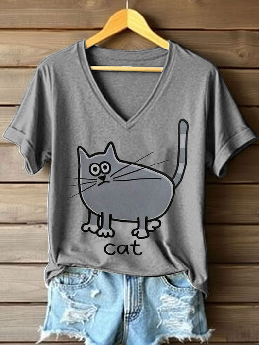 T-shirt mignon à col en V imprimé chat pour femmes