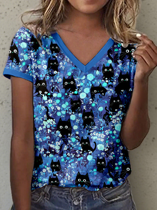 Tee-shirt Femme Noir Chat Imprimé Col V